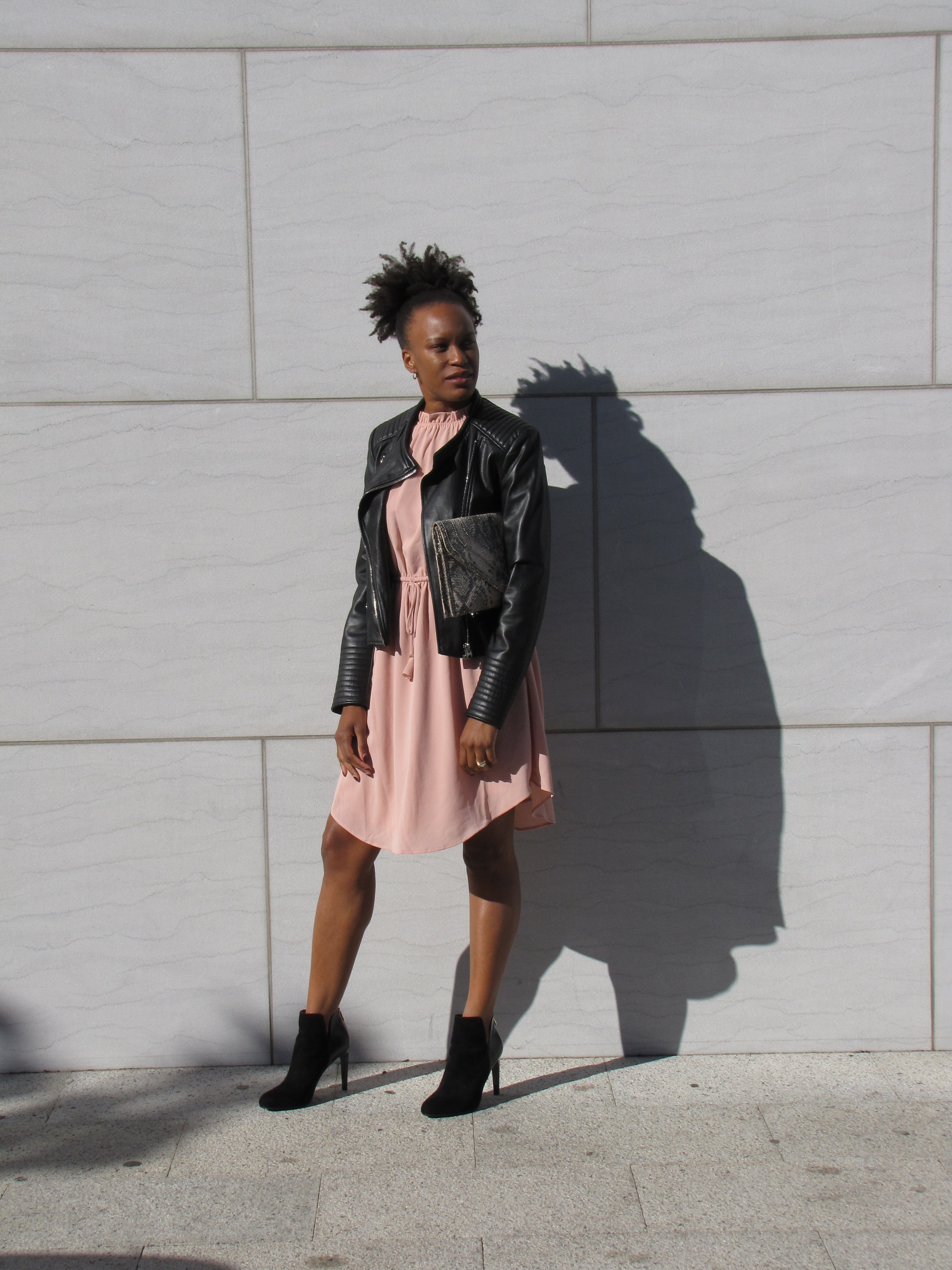 zara leather jacket and h&m dress