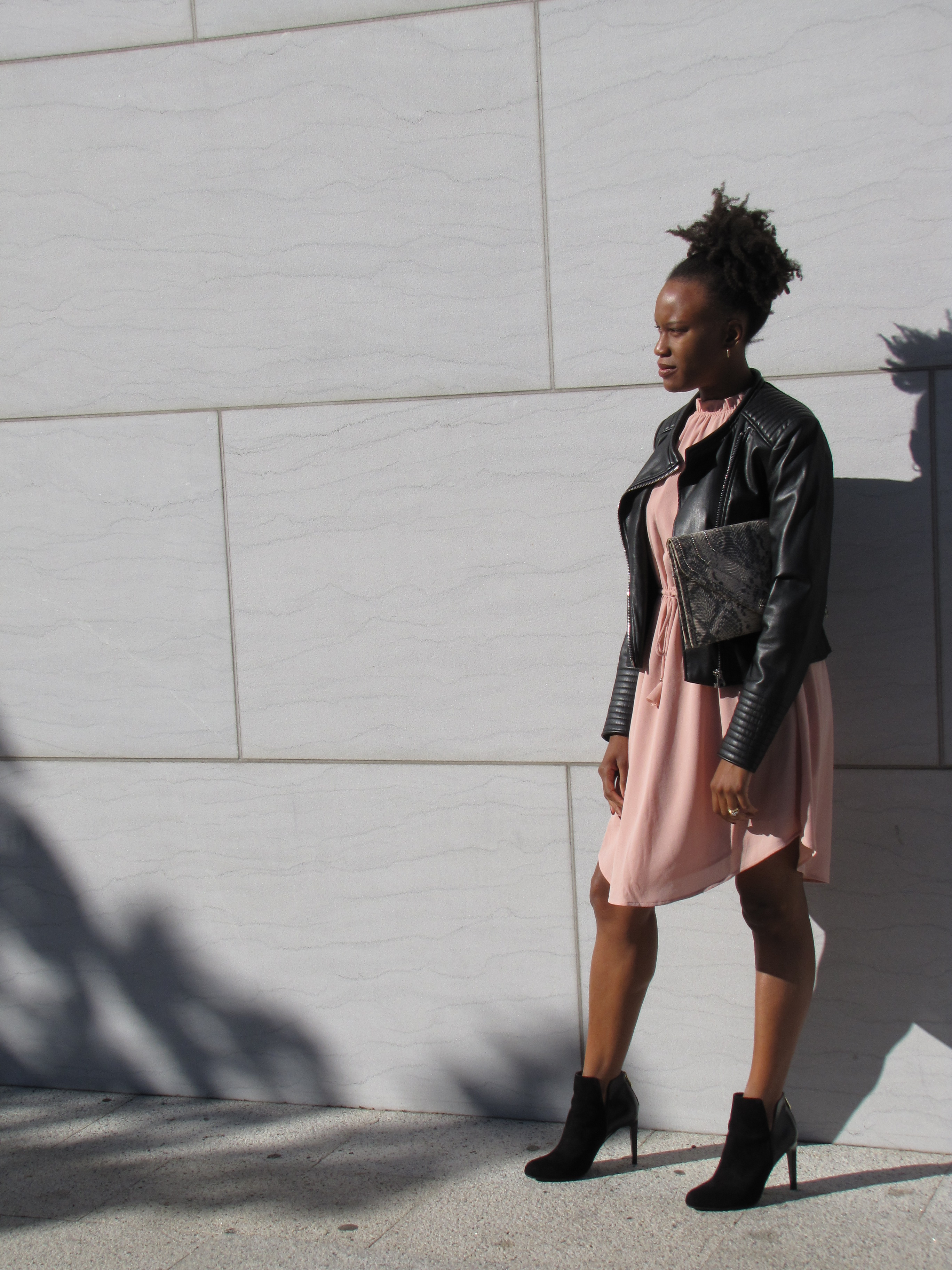 zara leather jacket and h&m pink dress
