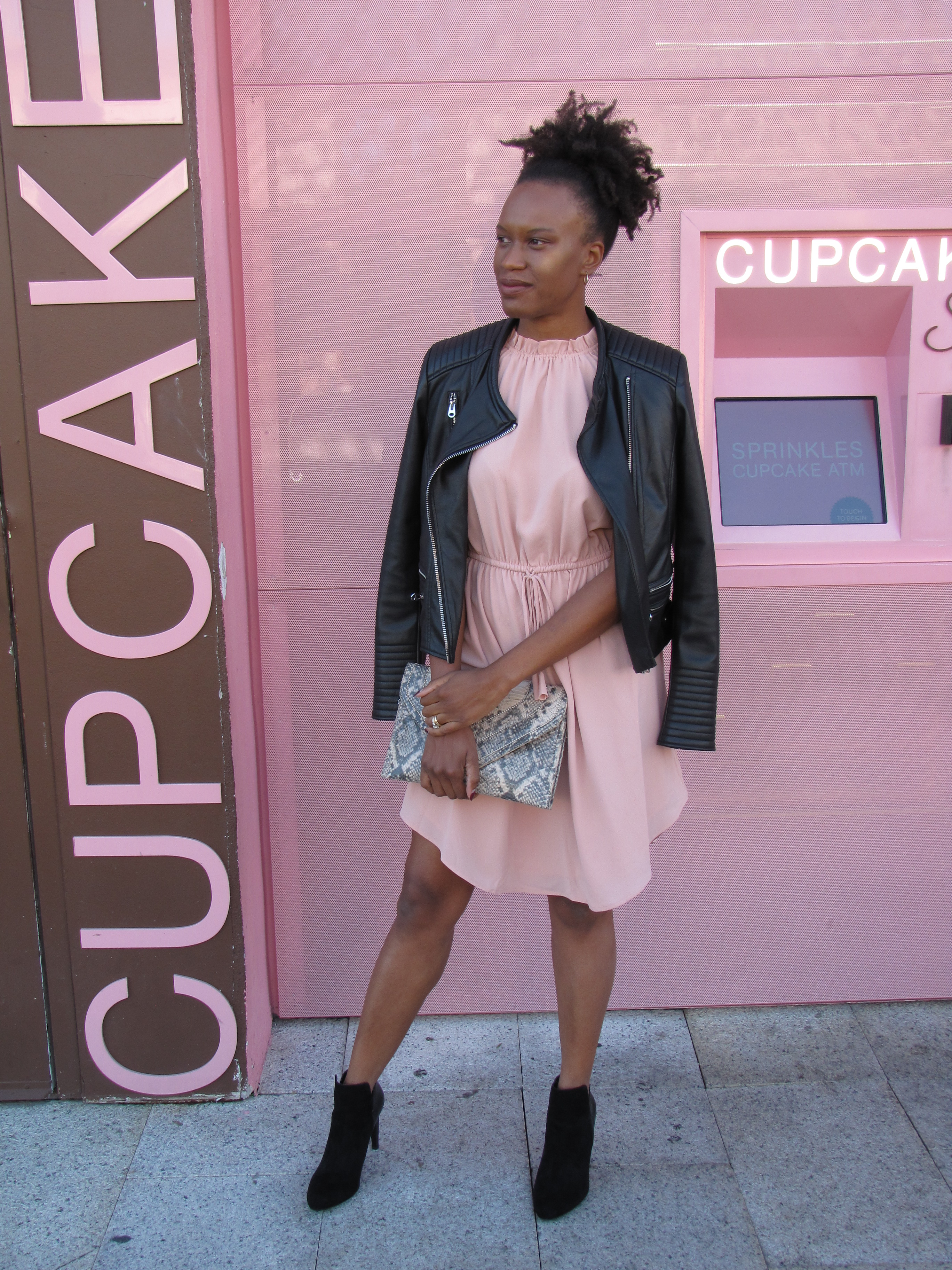 zara leather jacket and h&m pink dress