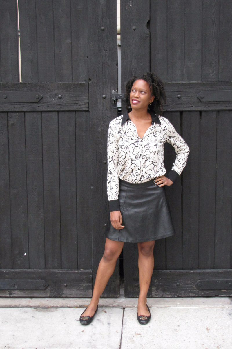 kohl's button down shirt and h&m faux leather skirt 