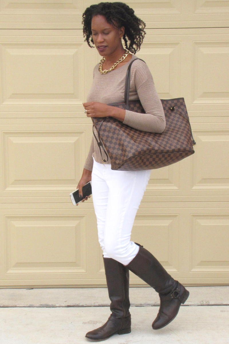 forever21 brown blouse and Marshall's white pants