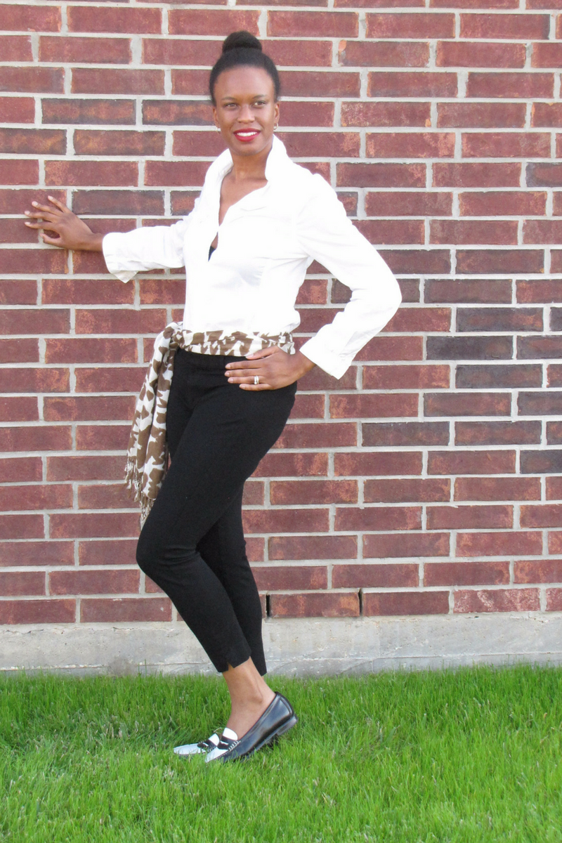 white button down shirt and black tapered pants