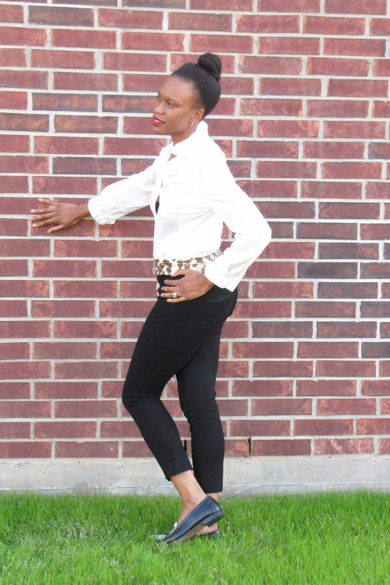 white button down shirt and black tapered pants