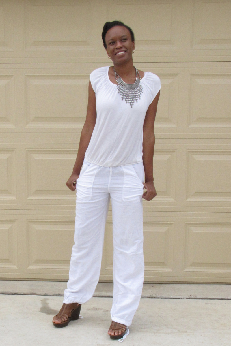 white blouse and white linen pants 