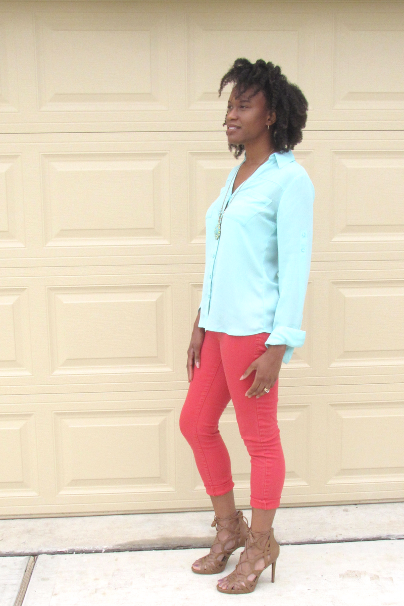 mint green and coral color blocking