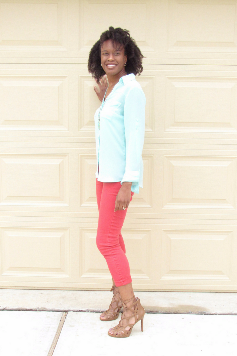 mint green and coral color blocking