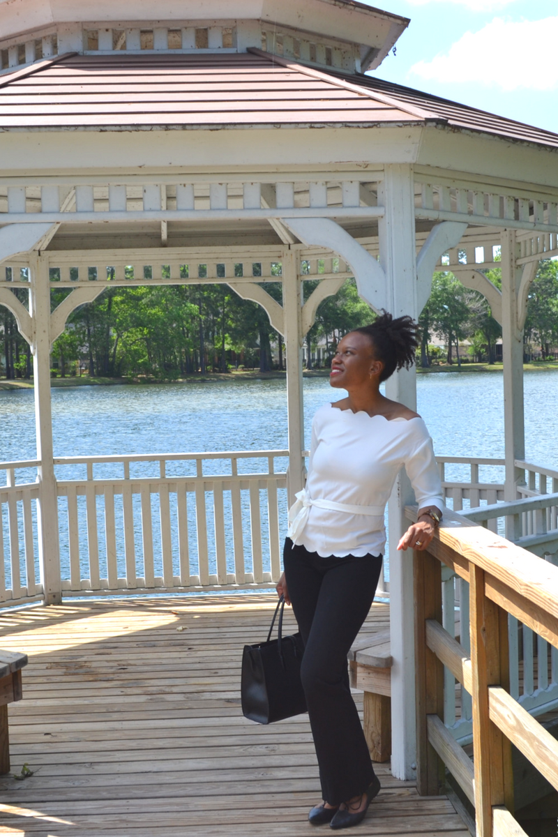 sheinside white scallop top and banana republic black pants