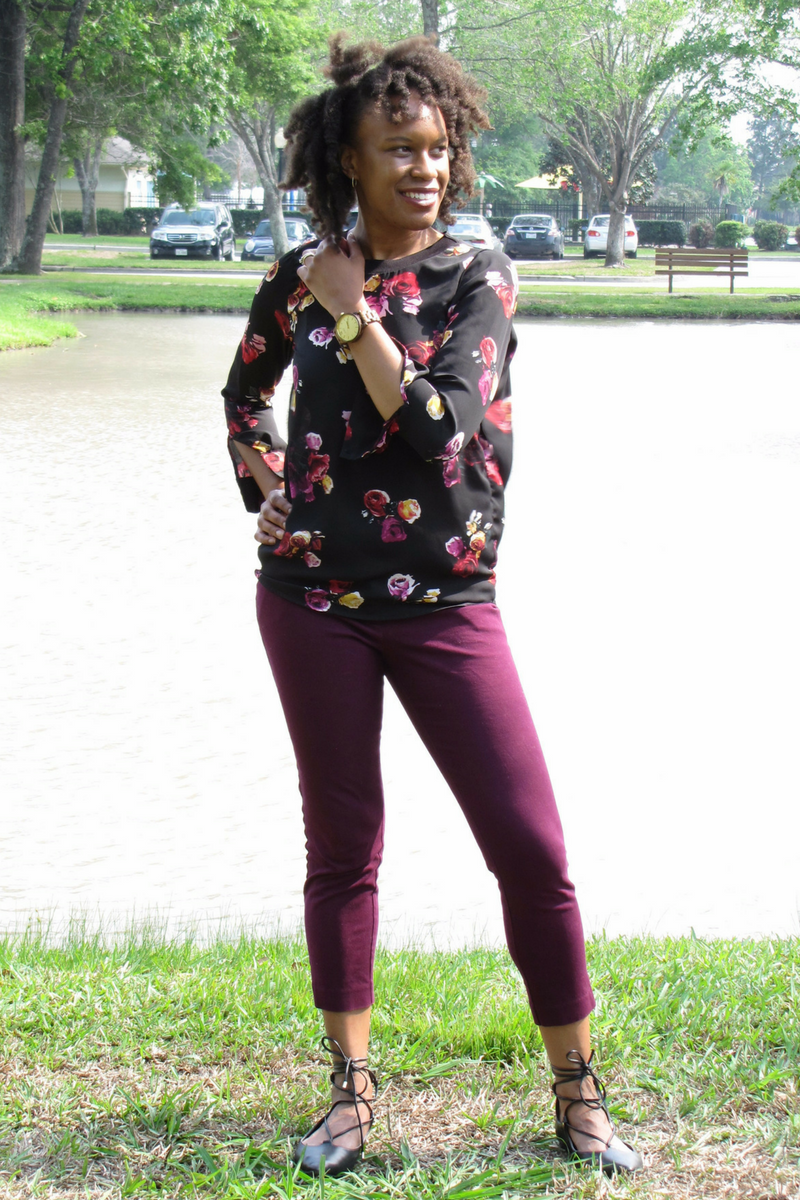 kohl's floral top and target purple pants