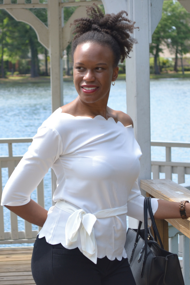 sheinside white scallop top and banana republic black trousers 