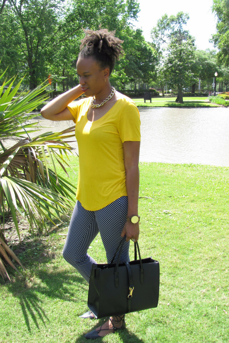 old navy yellow t-shirt and old navy pants