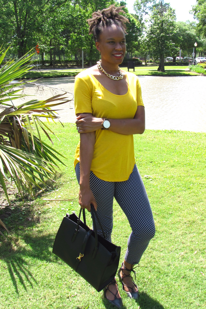 old navy yellow top and old navy polka dot pants