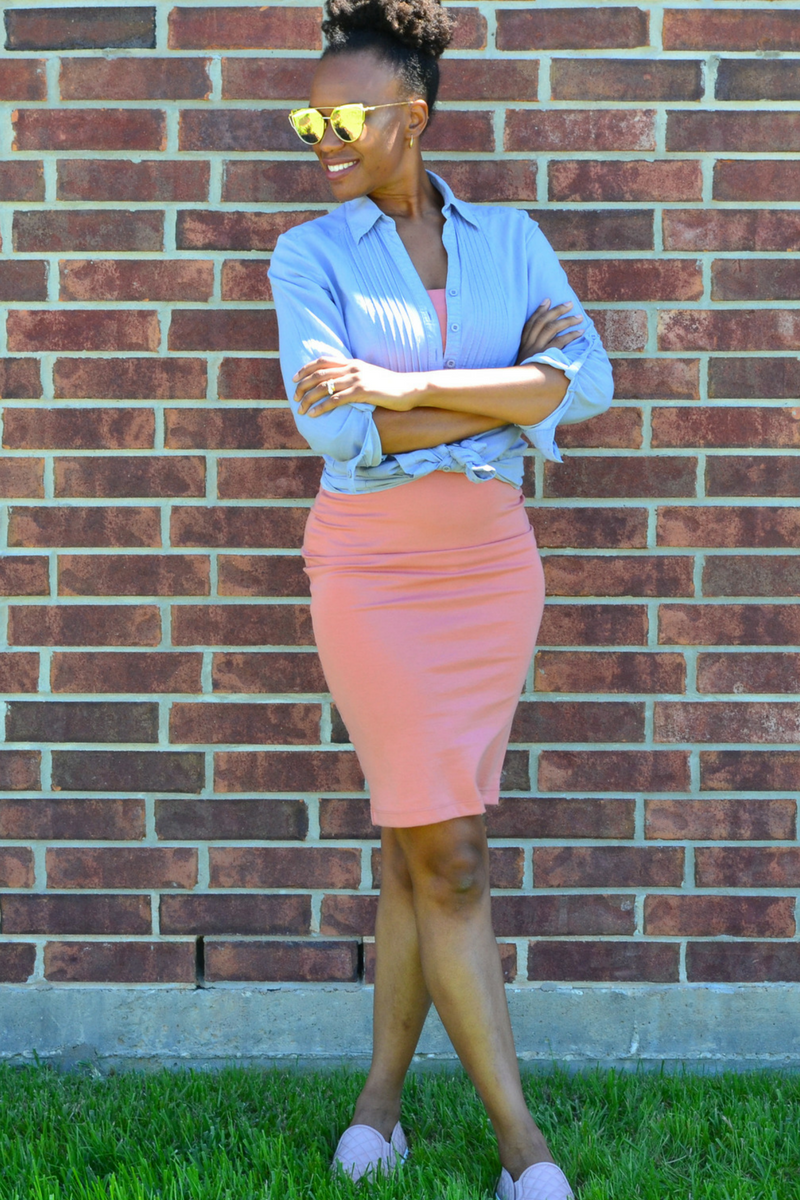 f21 chambray shirt and zara dress