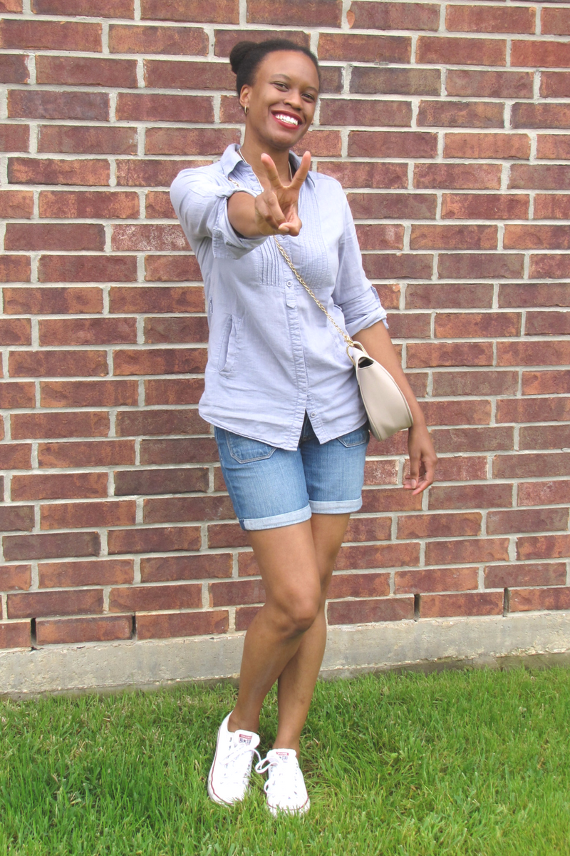 f21 chambray shirt and old navy shorts 