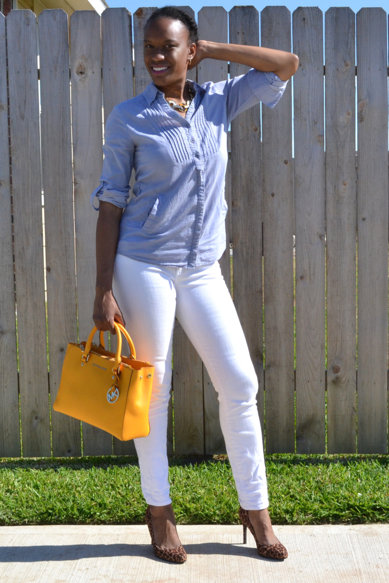 forever 21 chambray shirt and marshall's white jeans 