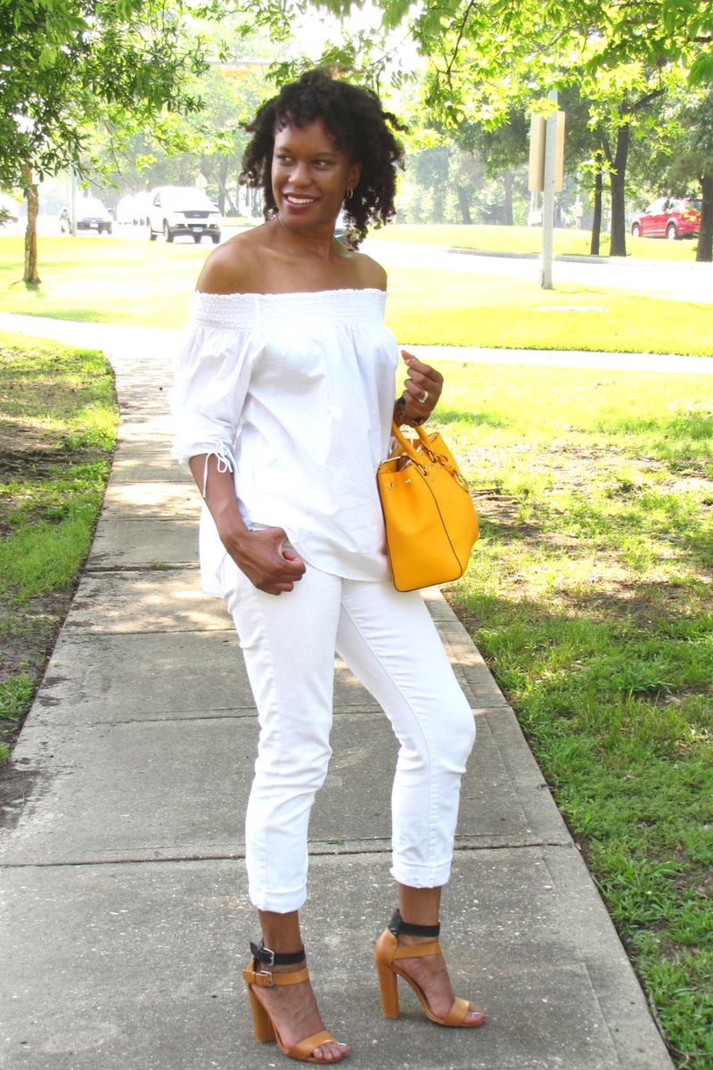 marshalls white jeans and h&m over the shoulder blouse 