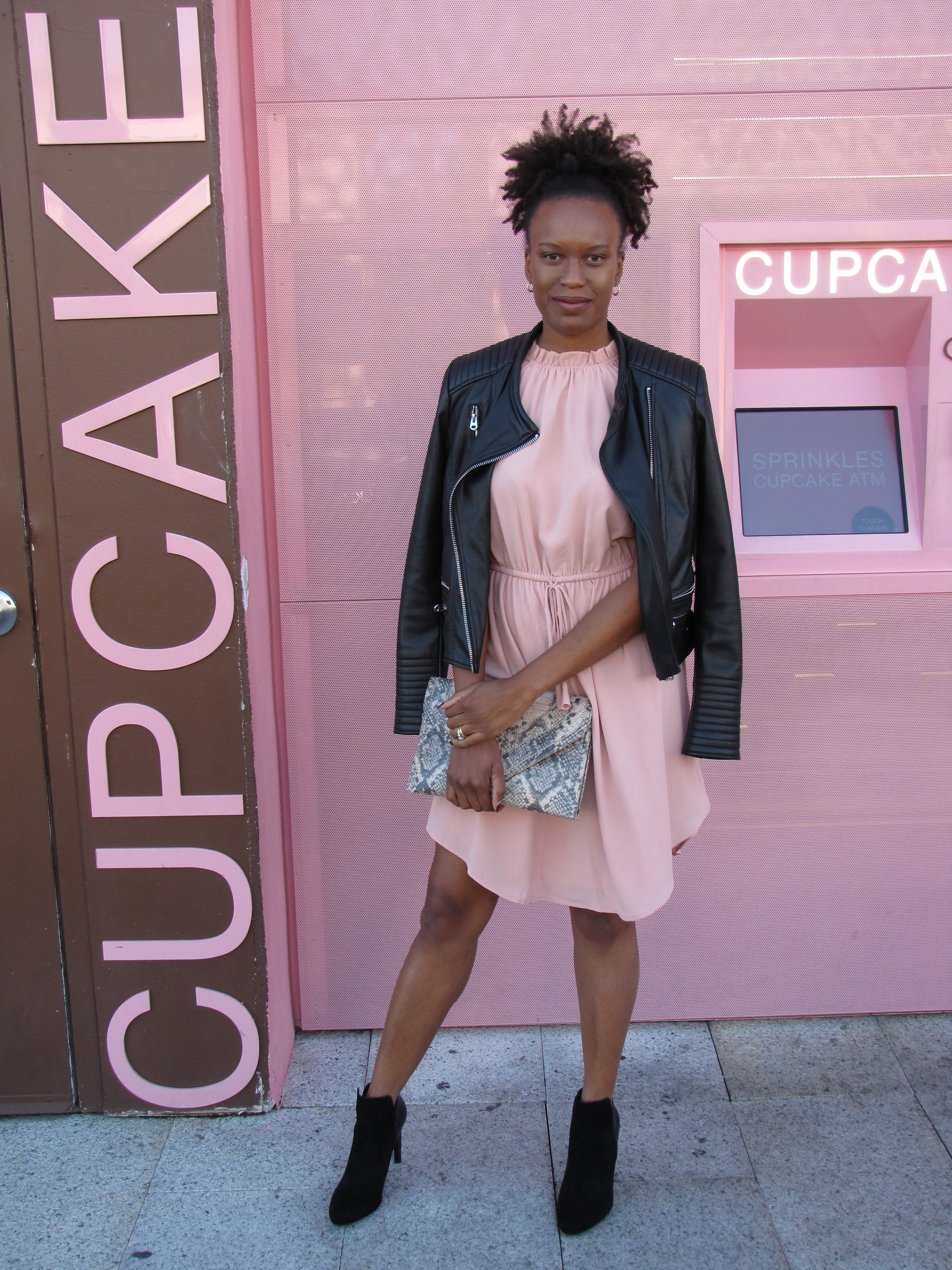 zara leather jacket and h&m pink dress